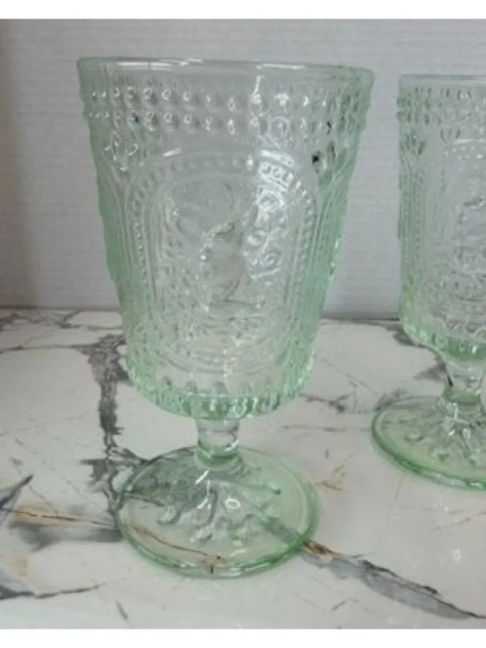 Pair of mint green glass springtime goblets, Easter, rabbits, farmhouse